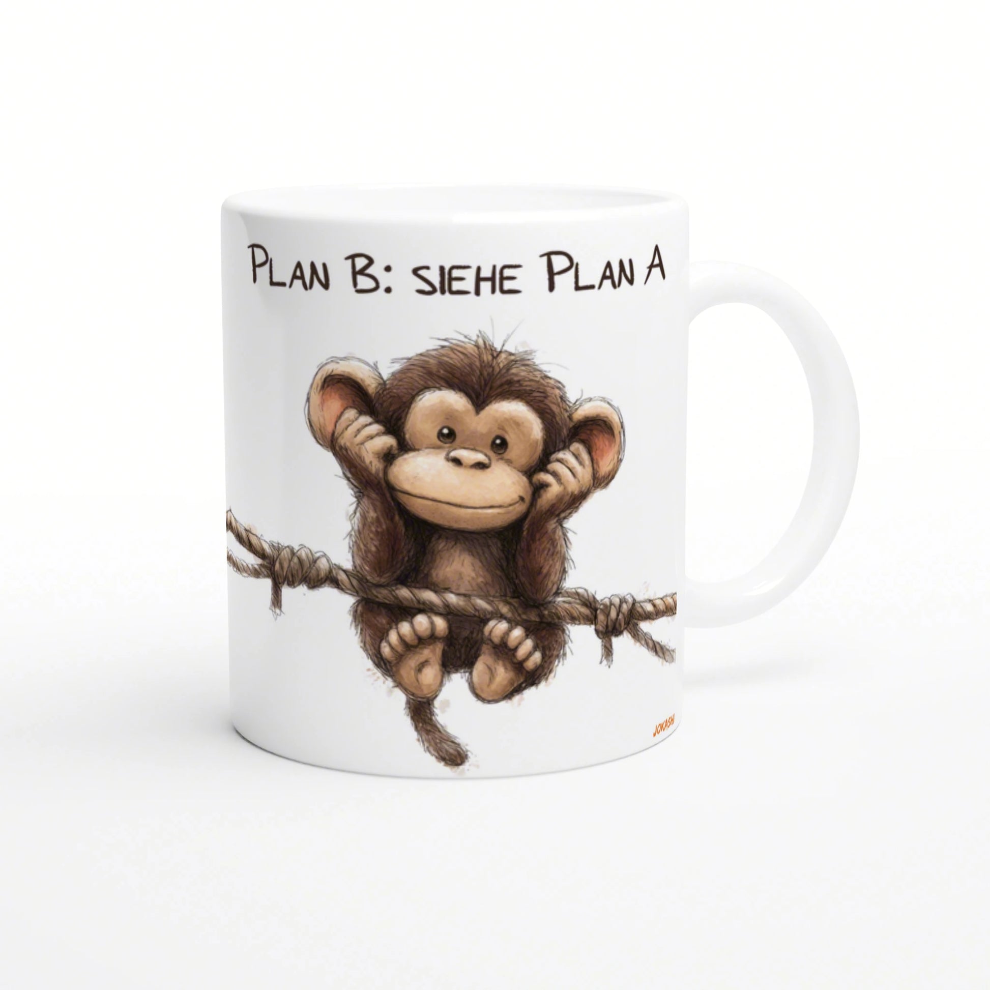 White mug featuring a cute brown monkey hanging from a rope with the caption 'Plan B: Siehe Plan A' at the top.