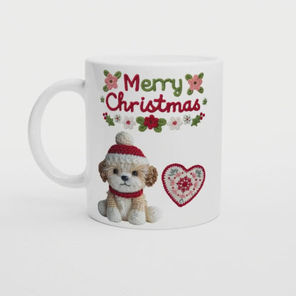 Merry Christmas Crochet Puppy | Weihnachtstasse mit Hund im Häkelstil | Geschenkidee für Hundefans & Handmade-Liebhaber