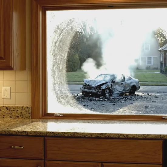 Eine Frau entschuldigt sich bei jemanden, indem sie eine Tasse übergibt auf der Love steht und zwei pandas zu sehen sind. im Hintergrund ein kaputtes auto.