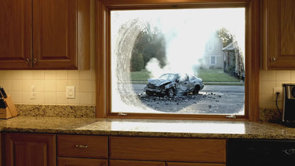 Eine Frau entschuldigt sich bei jemanden, indem sie eine Tasse übergibt auf der Love steht und zwei pandas zu sehen sind. im Hintergrund ein kaputtes auto.