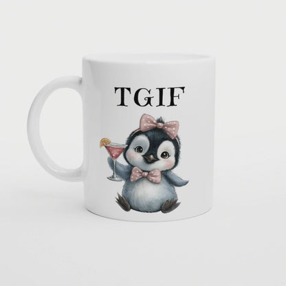 TGIF | Lustige Pinguin Tasse | Geschenkidee für Freundin oder Kollegin | Witzige weiße Keramiktasse mit Cocktail und Humor