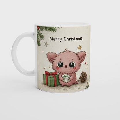Kawaii Weihnachtskatze Tasse – süße rosa Katze mit Geschenk, „Merry Christmas“ Wichtelgeschenk