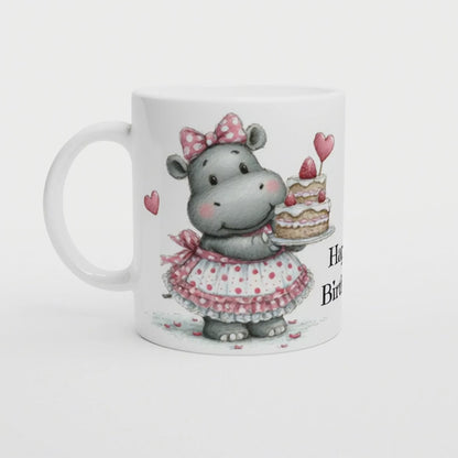 Happy Birthday Hippo | Süße Nilpferd Tasse mit Kuchen | Geschenkidee zum Geburtstag für Freundin, Kollegin oder Kind | weiß, Keramik, 330 ml