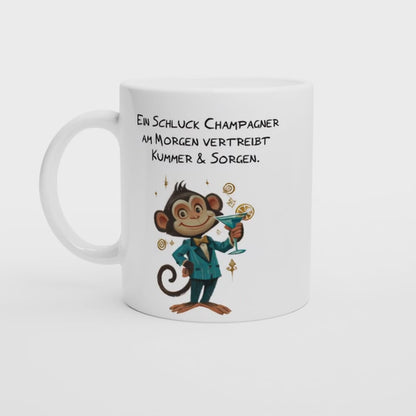 Tasse "Schluck Champagner am Morgen" Lustiger Becher für Sektfrühstück. Geschenk für Genießer. Kaffeebecher Affe. Tasse mit Spruch
