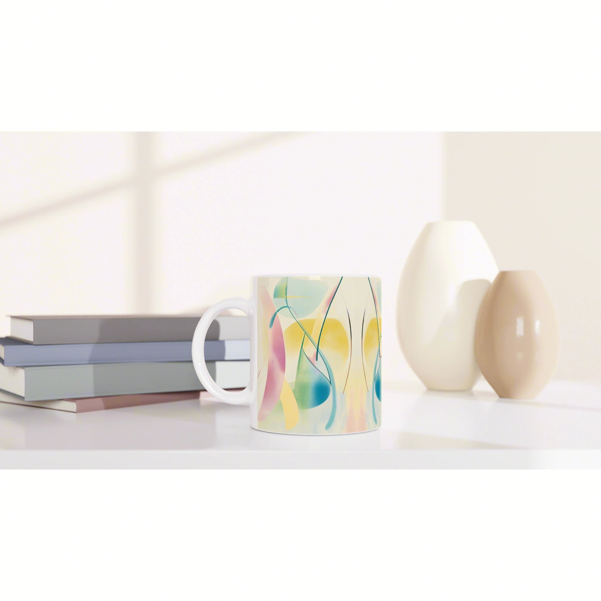 Product mockup: colorful abstract mug on a white shelf with pastel vases and a stack of books in the background.