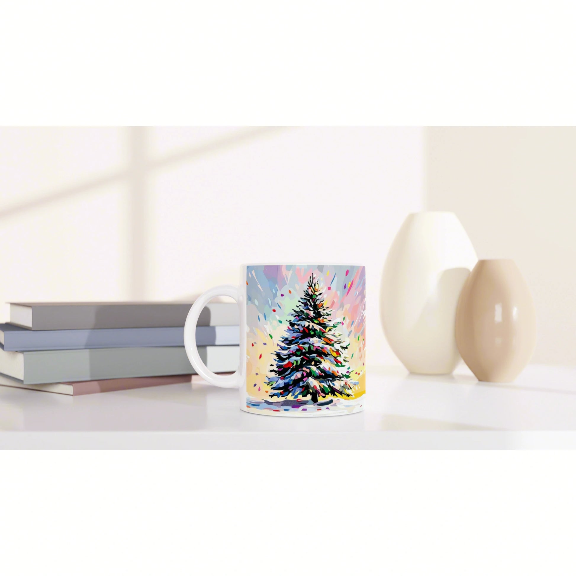 Product mockup: mug with a colorful abstract Christmas tree, displayed with books and vases.