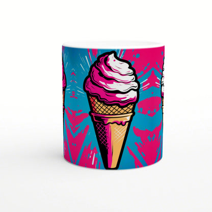 Product mockup mug with a bold pink and white ice cream cone on a blue and magenta splash background.