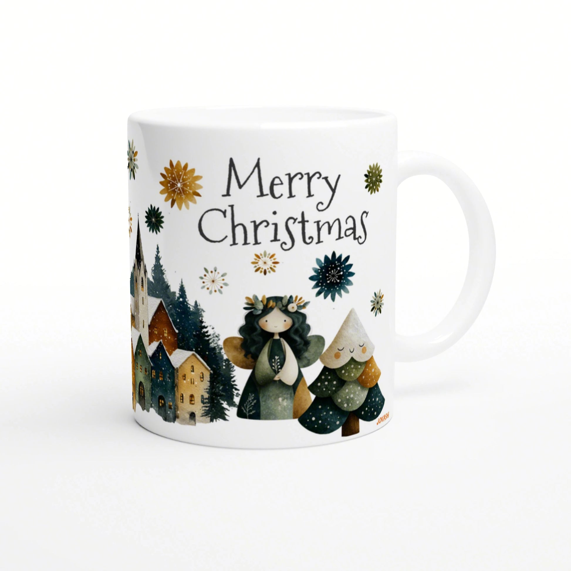 Product mockup: white mug with Merry Christmas and a whimsical winter scene featuring a village, trees, and a cheerful angel.