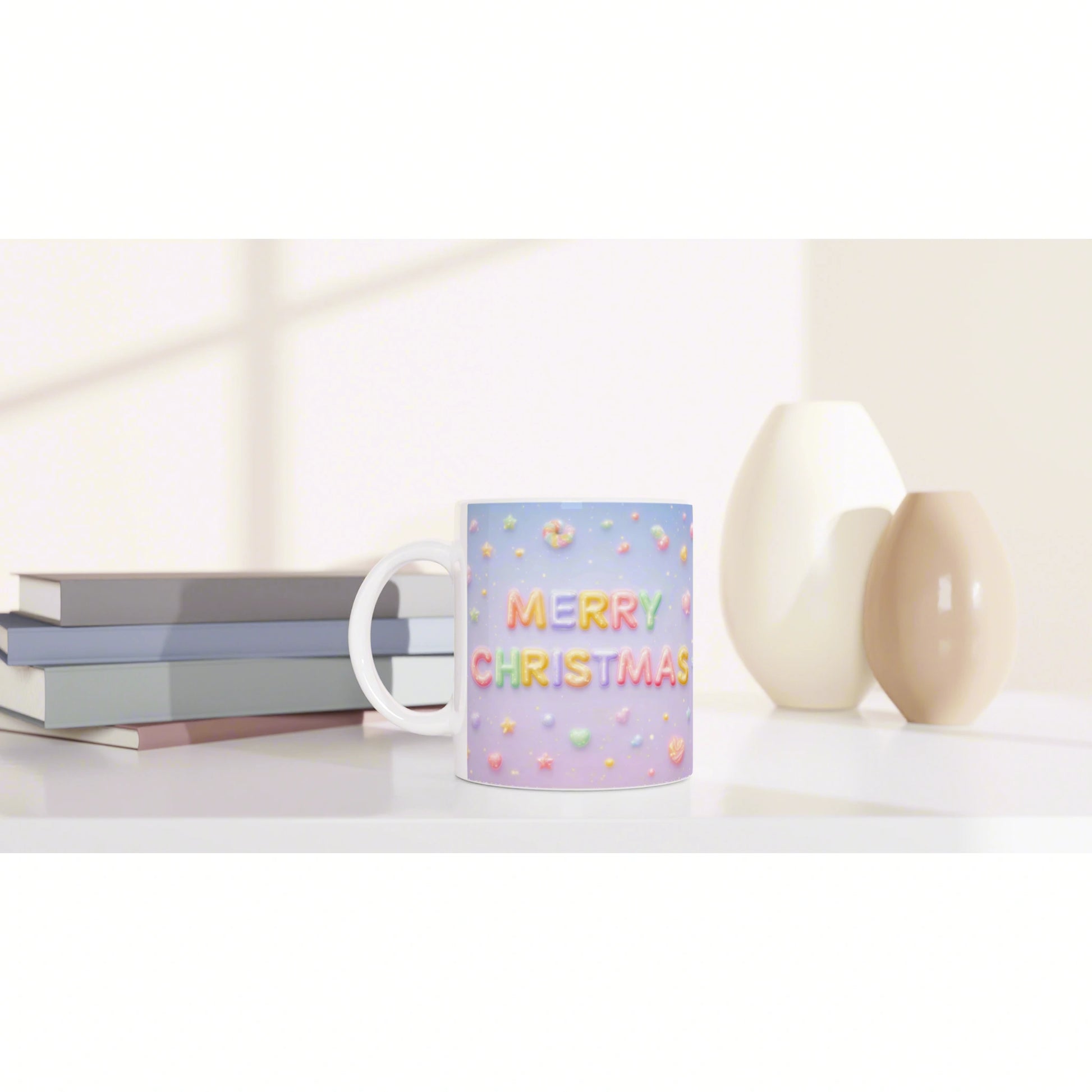 Product mockup: pastel ceramic mug with Merry Christmas lettering and candy decorations on a white surface, beside books and vases.
