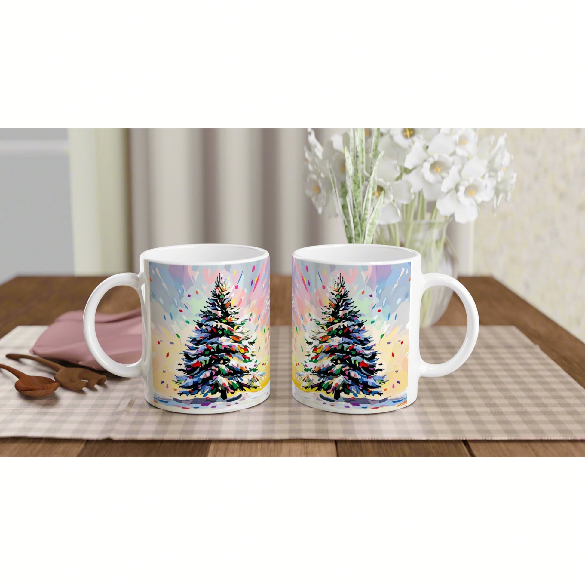 Product mockup: two white mugs with an abstract Christmas tree design on a checkered placemat.