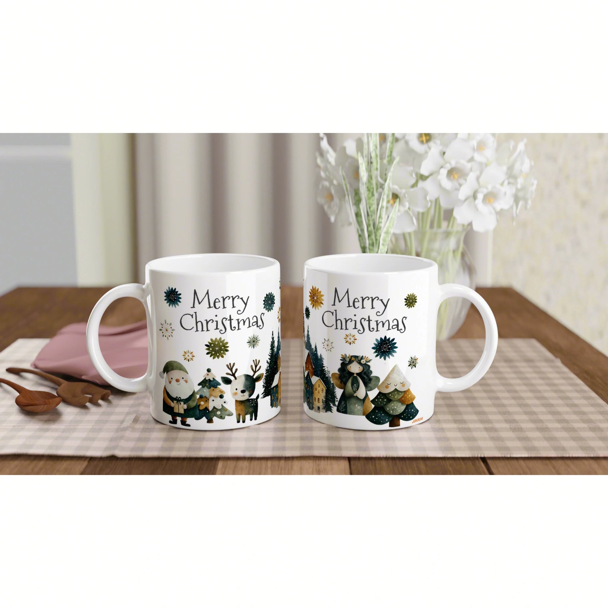 Product mockup: two white mugs with 'Merry Christmas' designs and festive scenes on a checkered placemat on a wooden table.