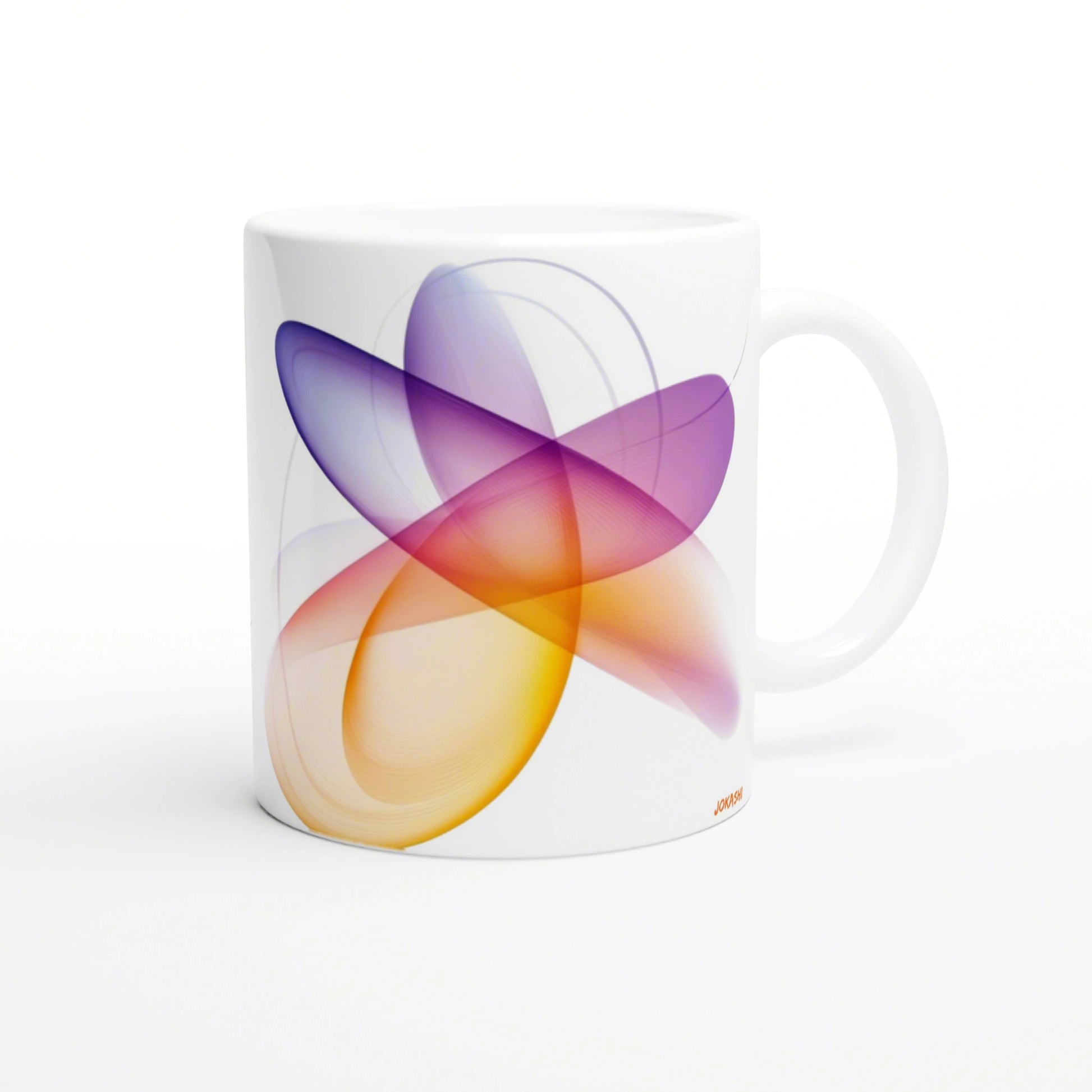 Product mockup: white ceramic mug featuring overlapping abstract swirls in purple, pink, orange.