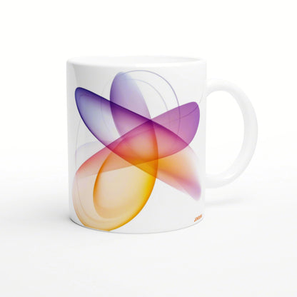Product mockup: white ceramic mug featuring overlapping abstract swirls in purple, pink, orange.