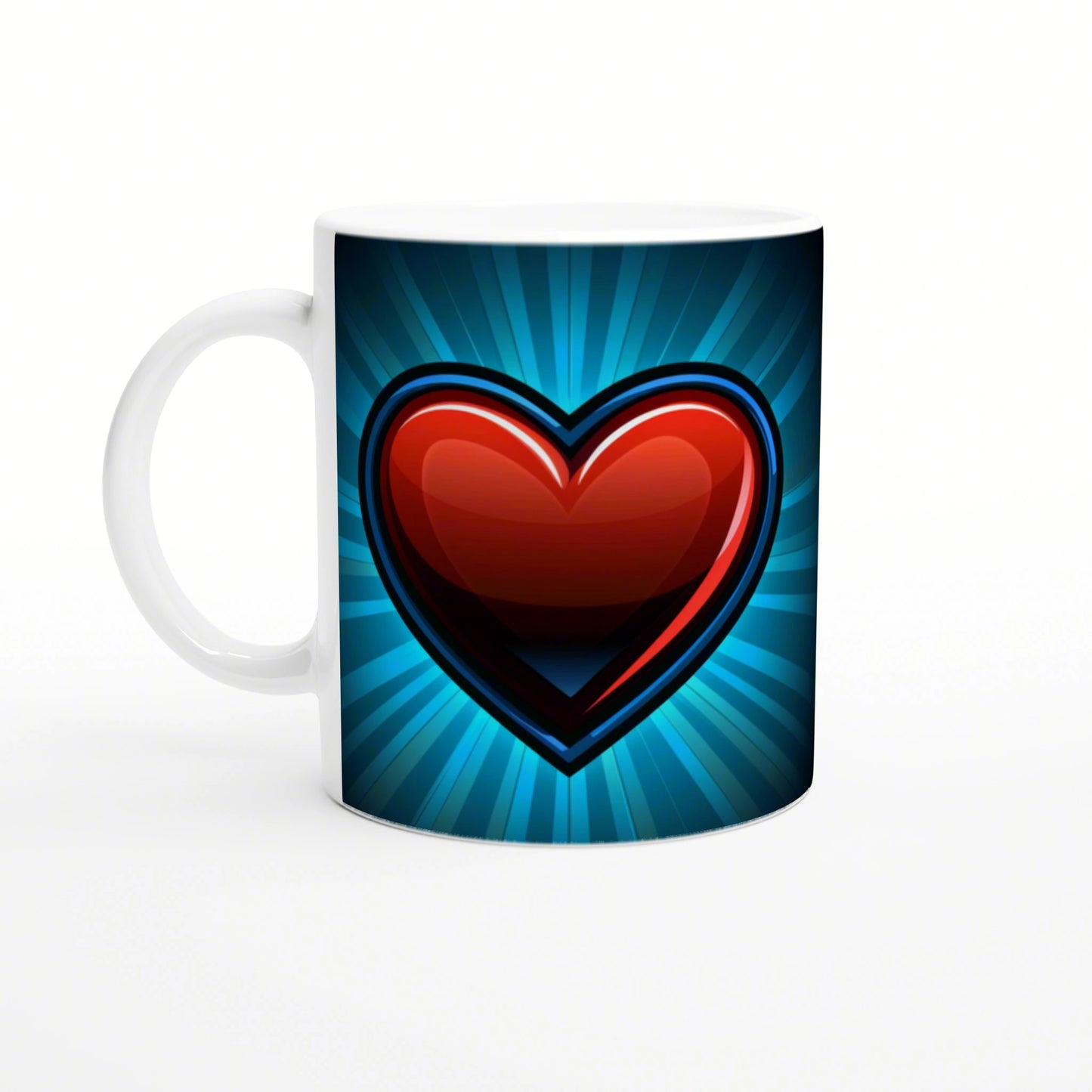 Product mockup: white ceramic mug featuring a glossy red heart on a blue radial burst background.