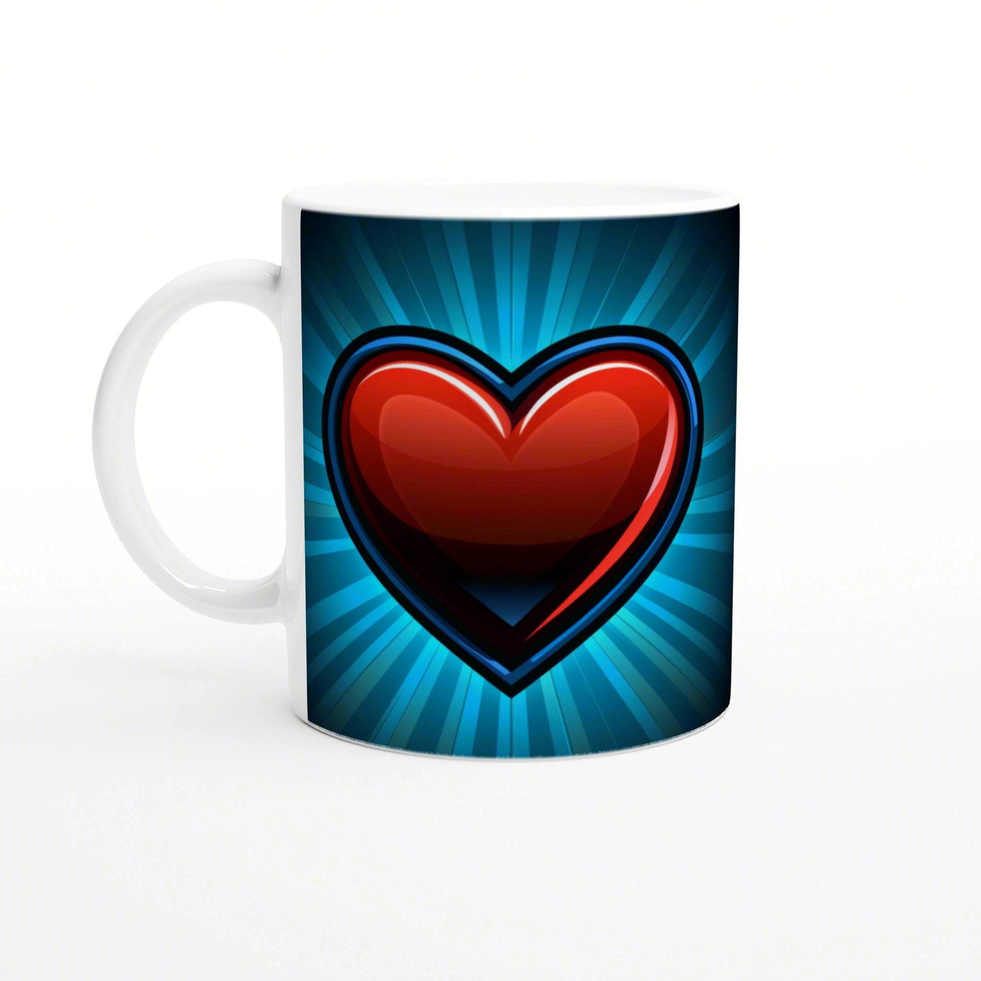 Product mockup: white ceramic mug featuring a glossy red heart on a blue radial burst background.