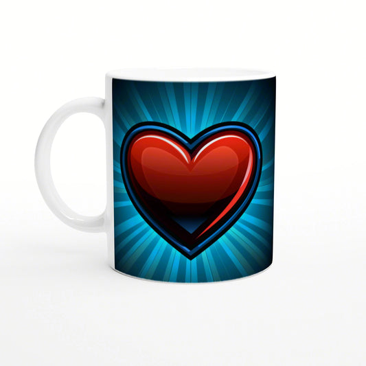 Product mockup: white ceramic mug featuring a glossy red heart on a blue radial burst background.