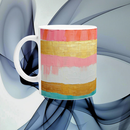 Product mockup: white ceramic mug with pink, gold, white and turquoise brush stripes on an abstract blue background.