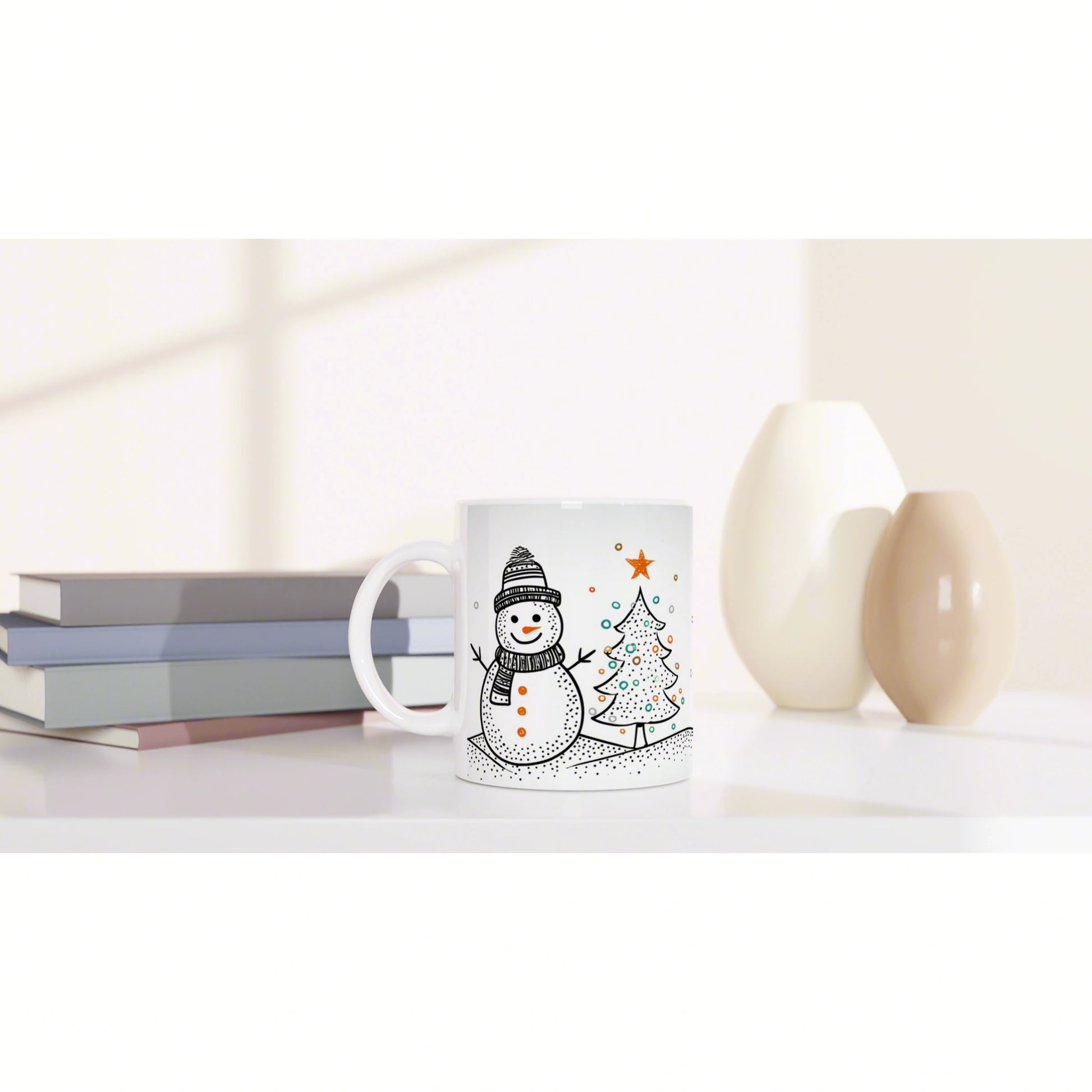 Product mockup: white ceramic mug with snowman and Christmas tree illustration, shown on a shelf with books and vases.