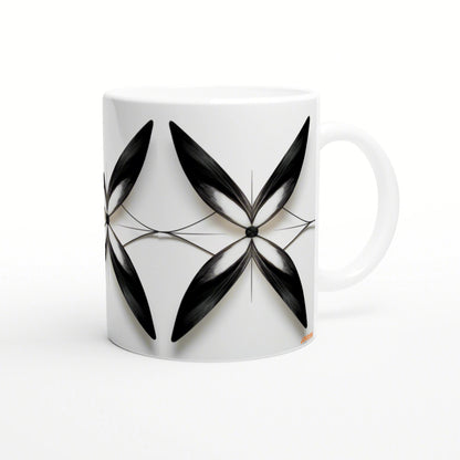 Product mockup: white ceramic mug featuring an abstract black leaf motif in a geometric crossing-petal design.