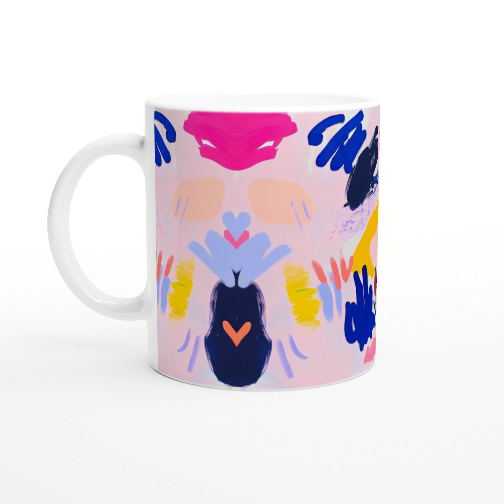 Product mockup: white mug with abstract painting on a pink background, featuring bold blue, yellow and orange brushstrokes.