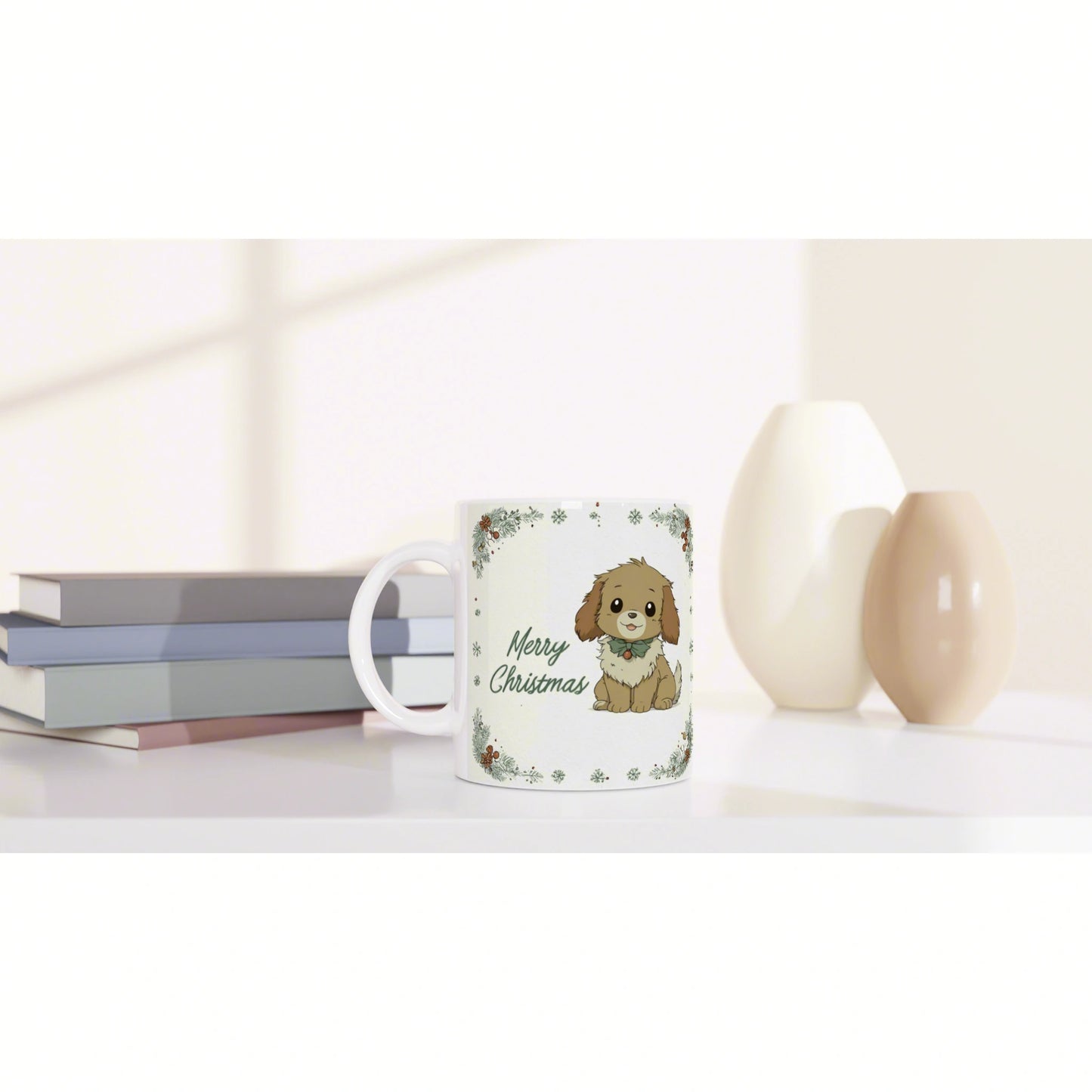 Product mockup: white mug with brown puppy and Merry Christmas text, snowflake border; books and vases in background.