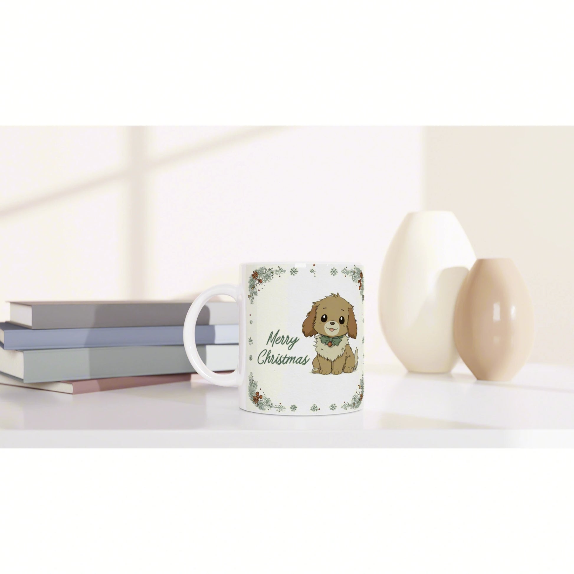 Product mockup: white mug with brown puppy and Merry Christmas text, snowflake border; books and vases in background.