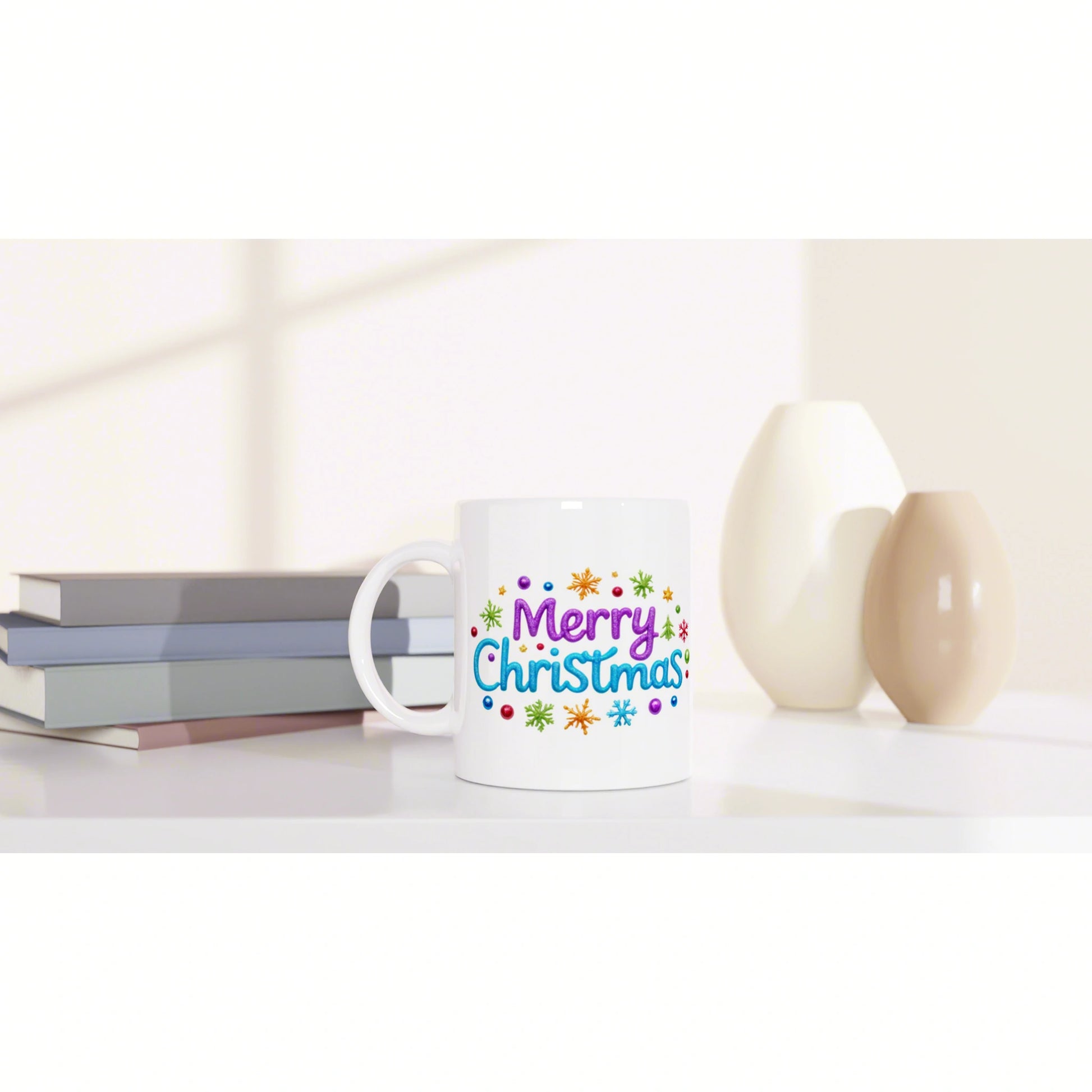Product mockup: white mug with colorful Merry Christmas lettering and snowflakes, placed on a desk beside books and decorative vases.