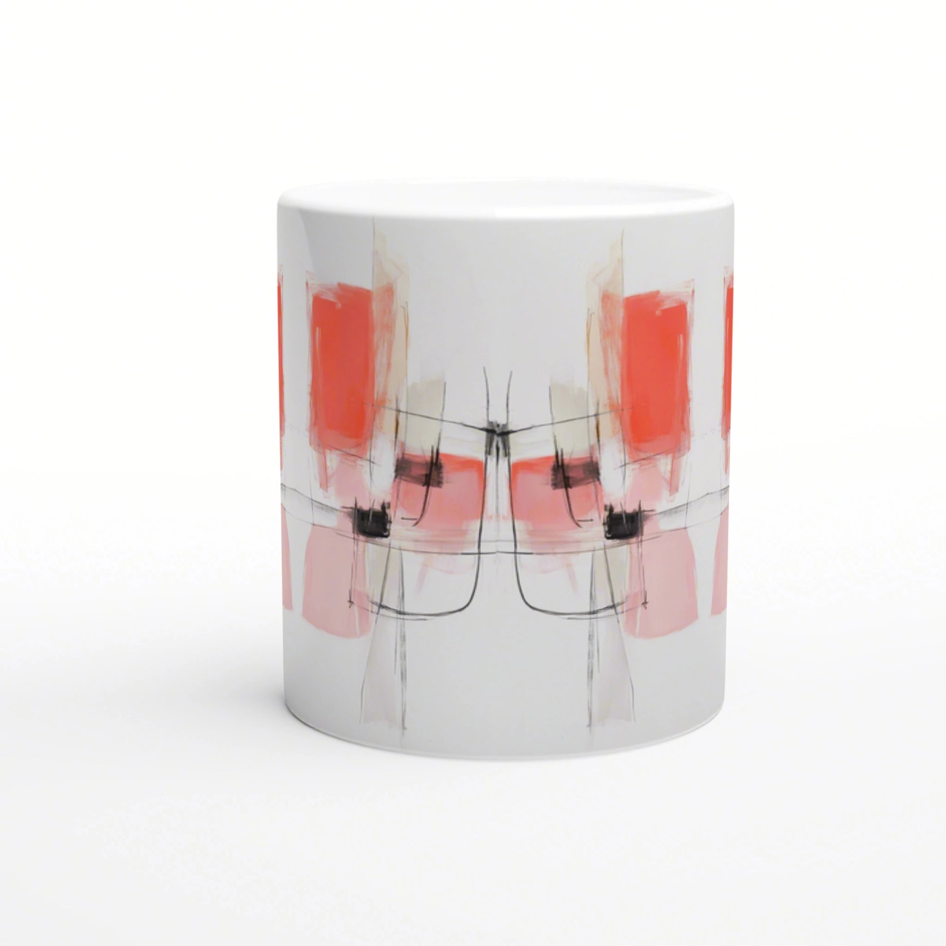 Product mockup: white mug featuring a mirrored abstract design with pink-red blocks and black line accents.