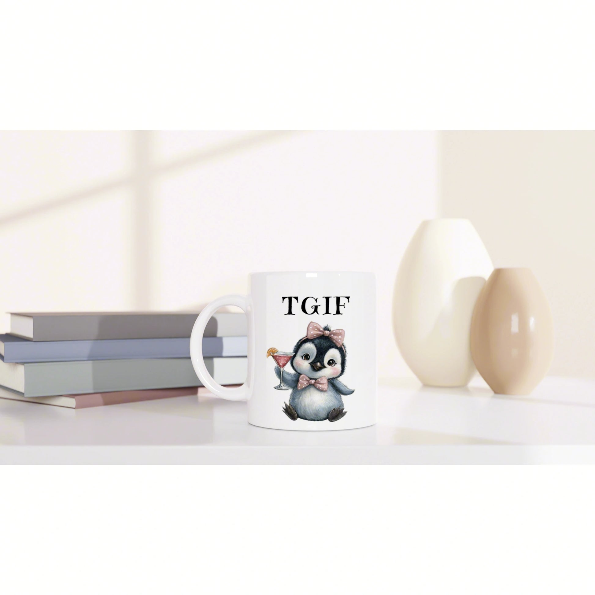 Product mockup: white mug with a penguin wearing a pink bow tie, holding a cocktail and 'TGIF' text, beside books and vases.