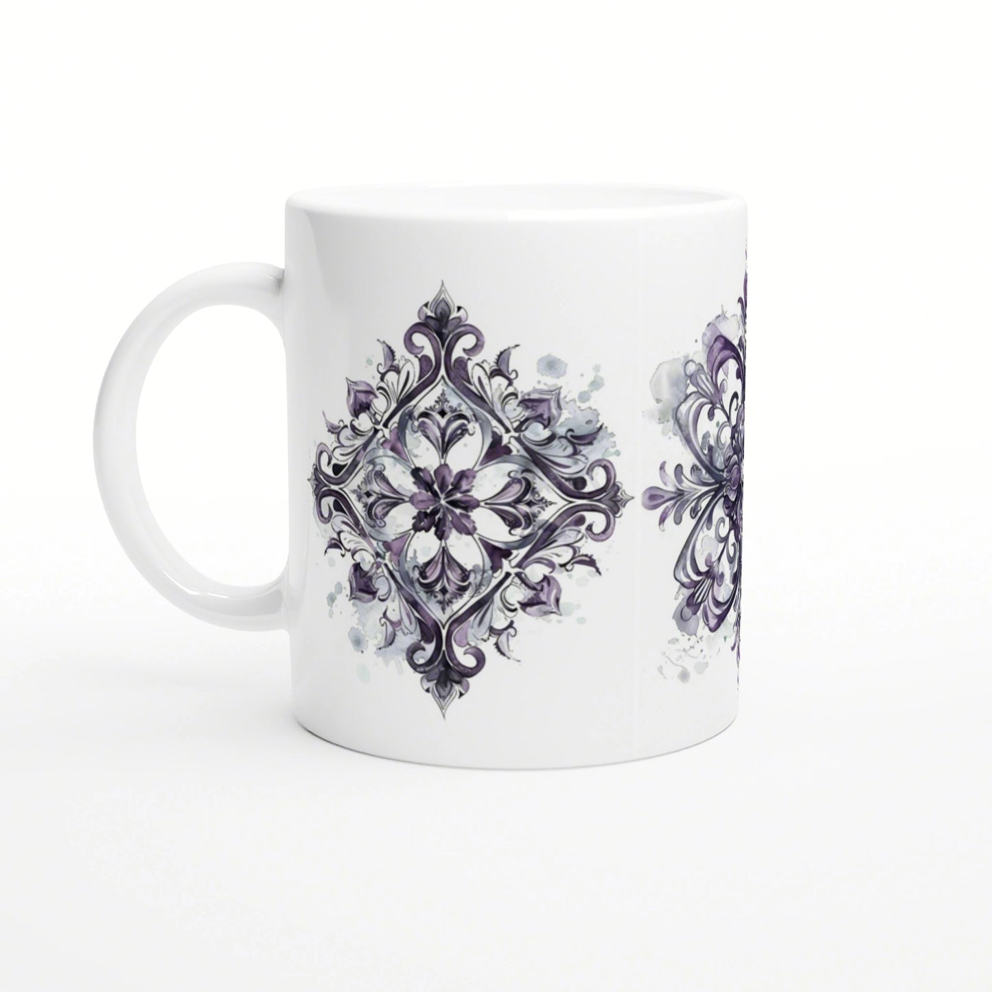 Product mockup: white ceramic mug with purple damask floral pattern and watercolor splashes.