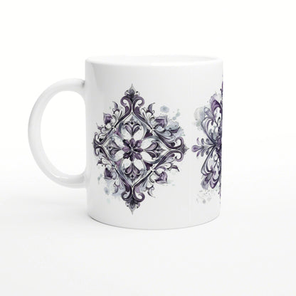 Product mockup: white ceramic mug with purple damask floral pattern and watercolor splashes.