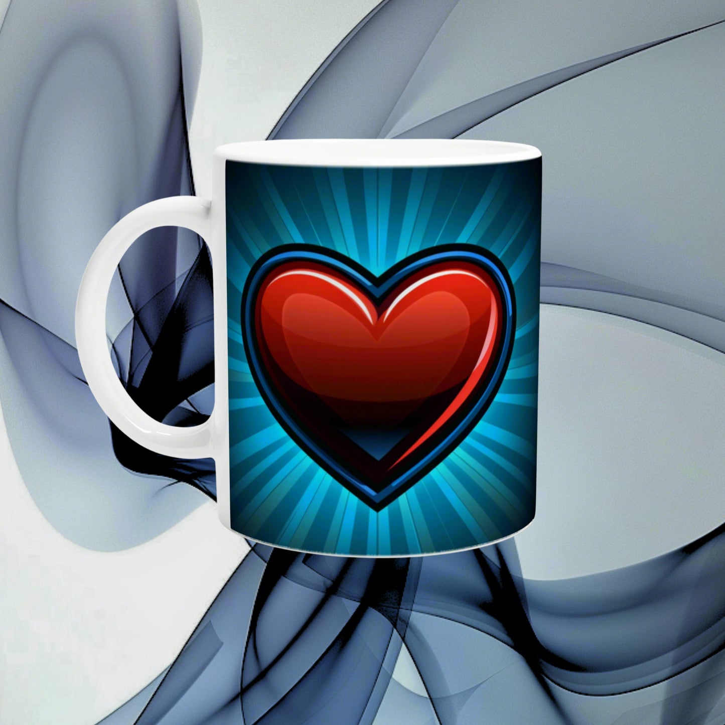 Product mockup: white ceramic mug featuring a glossy red heart graphic on a blue radial burst background.