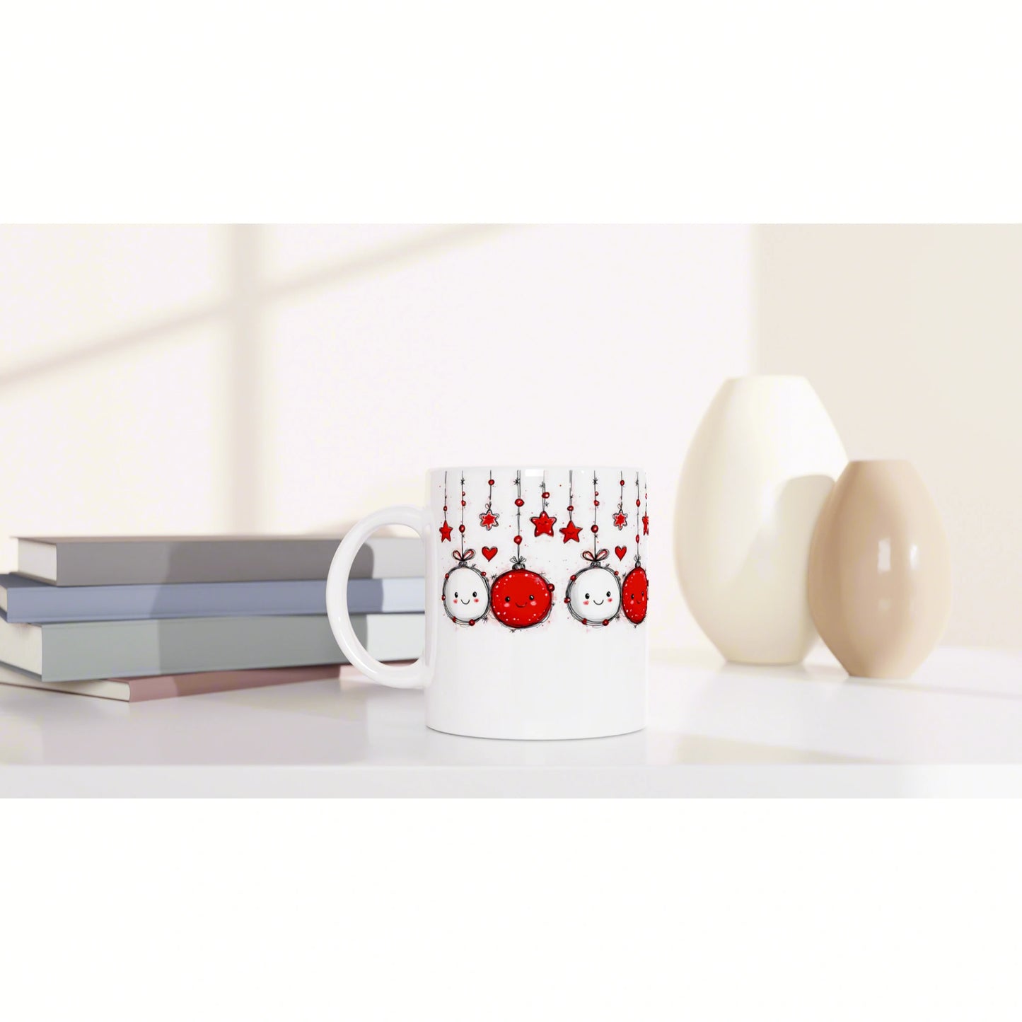 Product mockup: white mug with red hanging ornament design, on a shelf with books and decorative vases.