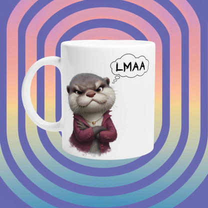 Product mockup: white mug with a smug otter in a burgundy jacket, arms crossed, thinking LMAA, on gradient background