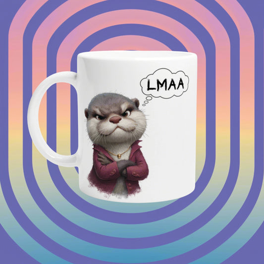 Product mockup: white mug with a smug otter in a burgundy jacket, arms crossed, thinking LMAA, on gradient background