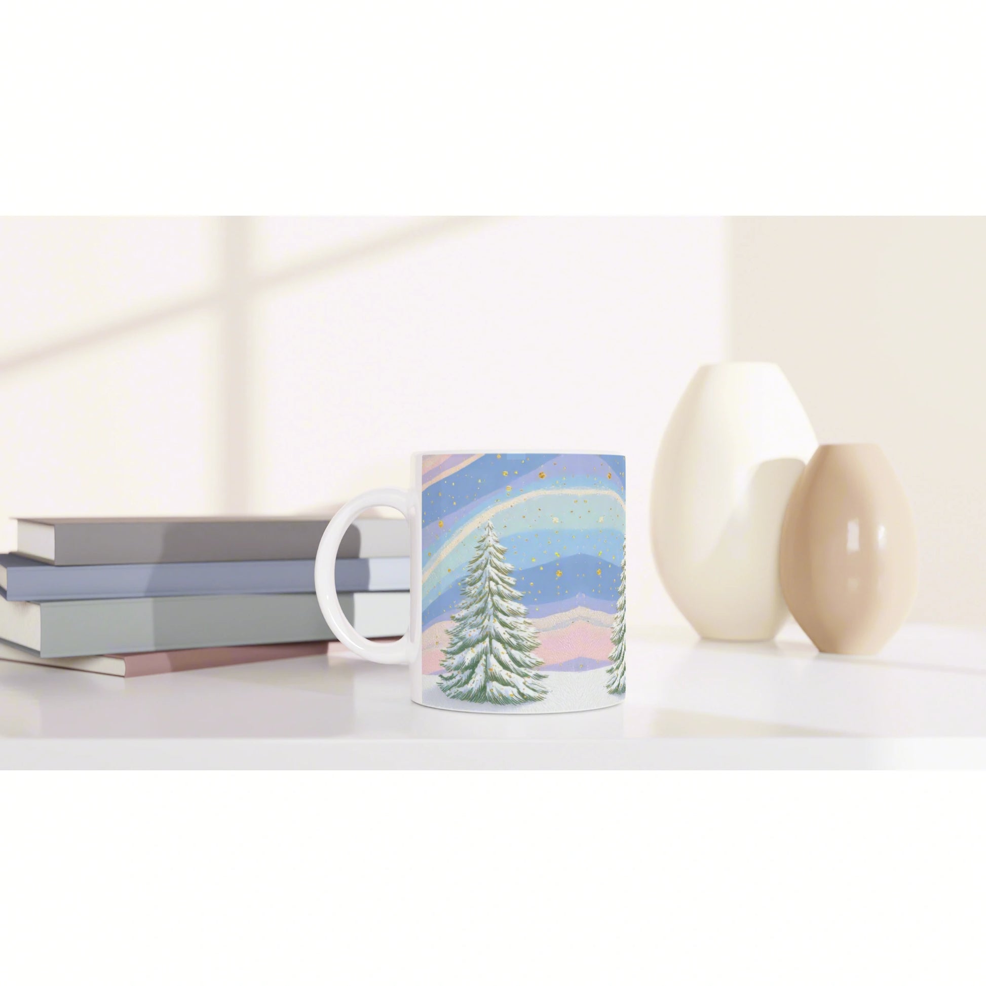 Product mockup: white mug with a snowy landscape and pine tree beside pastel books and ceramic vases.