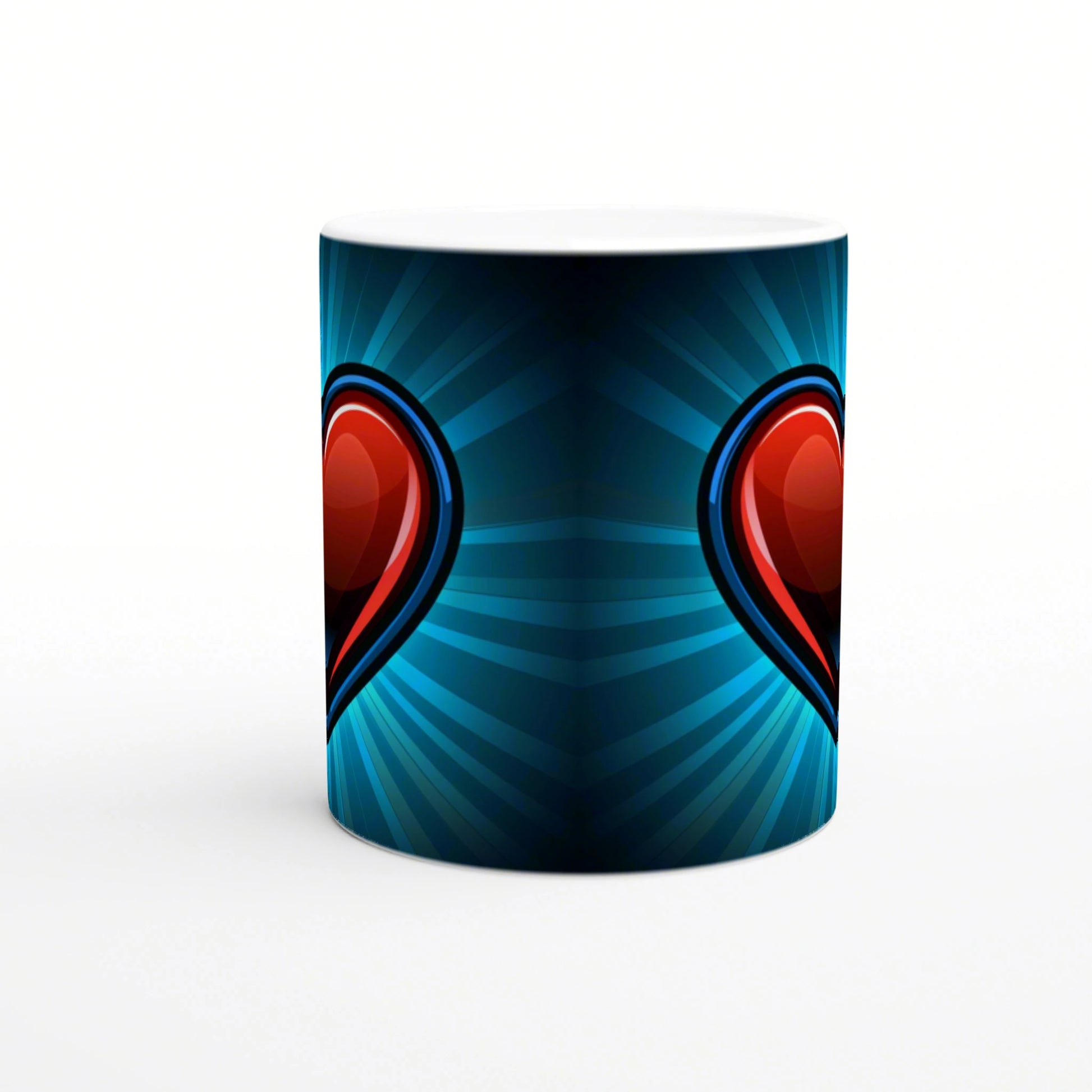Product mug mockup with blue radial burst background and mirrored red heart shapes on both sides.