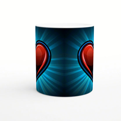 Product mug mockup with blue radial burst background and mirrored red heart shapes on both sides.