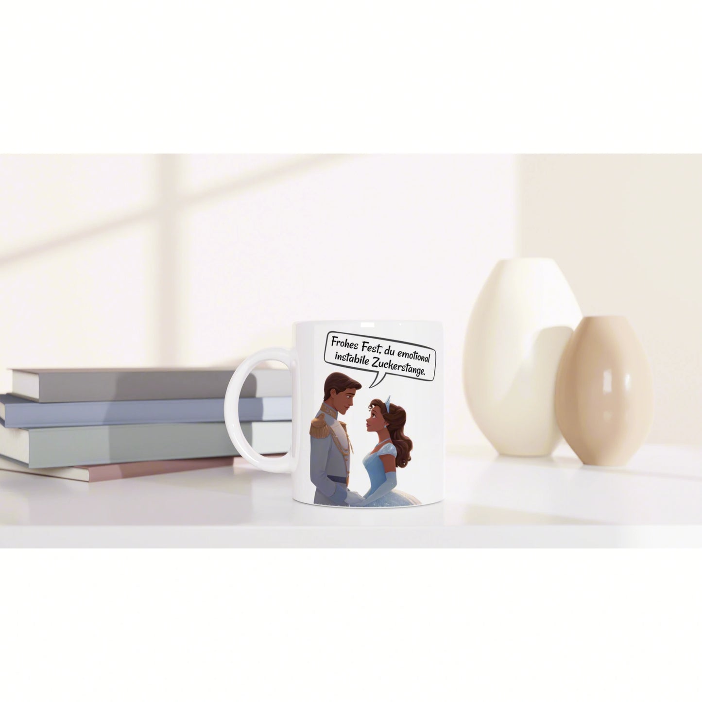 Product mug mockup featuring a cartoon couple in formal attire and a German speech bubble, set on a white shelf with books and vases.
