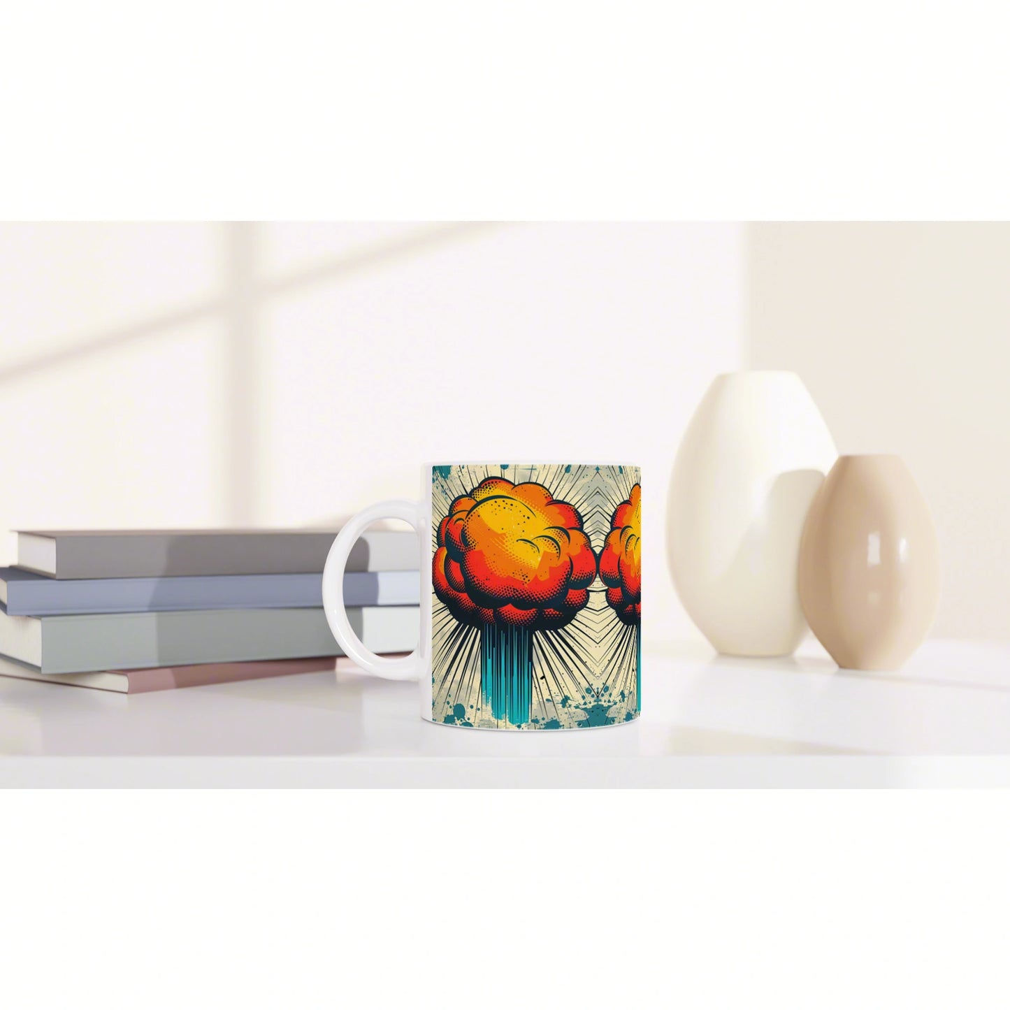 Product mug mockup featuring a vibrant comic-style explosion design, shown on a shelf with books and ceramic vases.