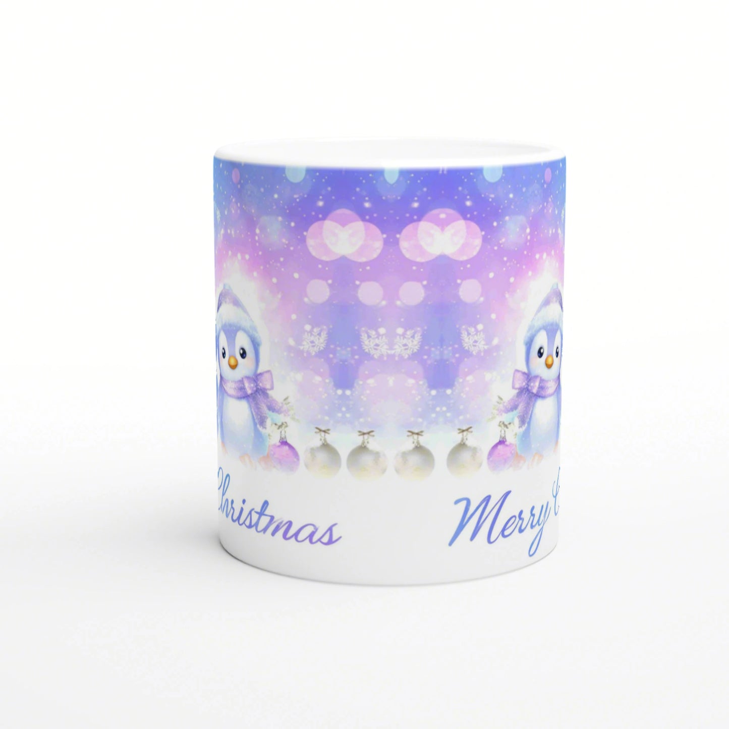 Product mug mockup with pastel purple gradient, penguins in scarves, snowflakes and ornaments; 'Christmas' and 'Merry' text.