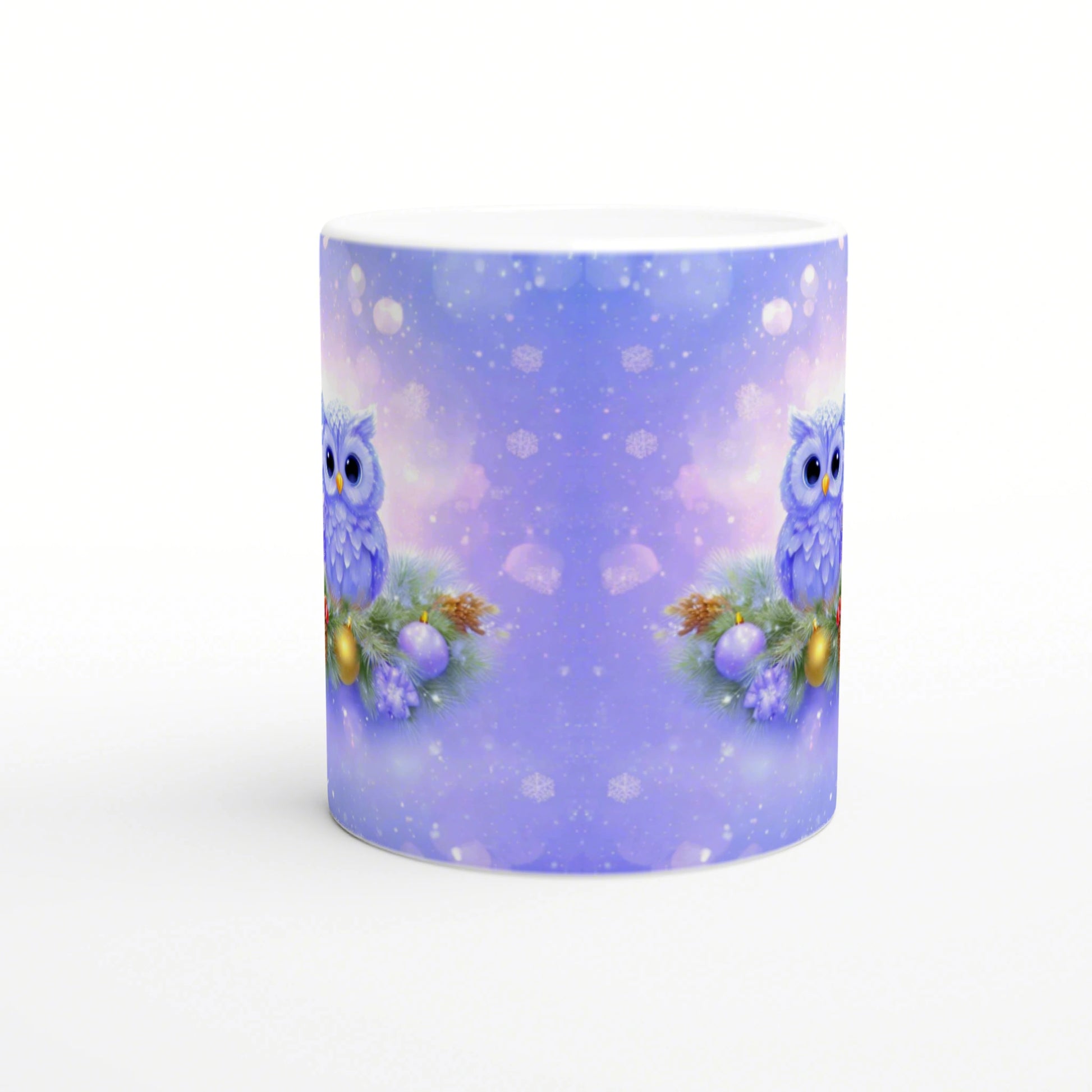 Purple mug mockup with a symmetric winter scene: two blue owls among pine branches and ornaments, with falling snow.