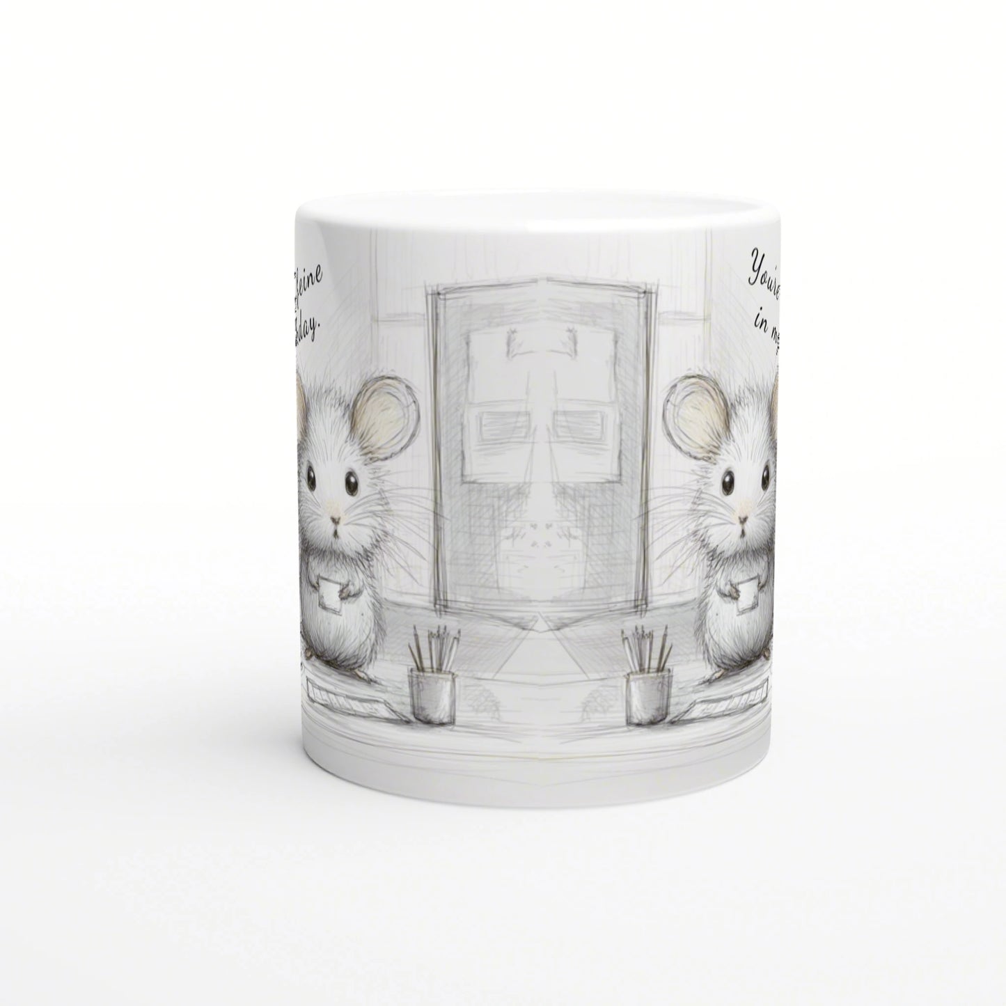 White ceramic mug with a pencil-drawn sketch of two cute mice beside a doorway in a simple room.