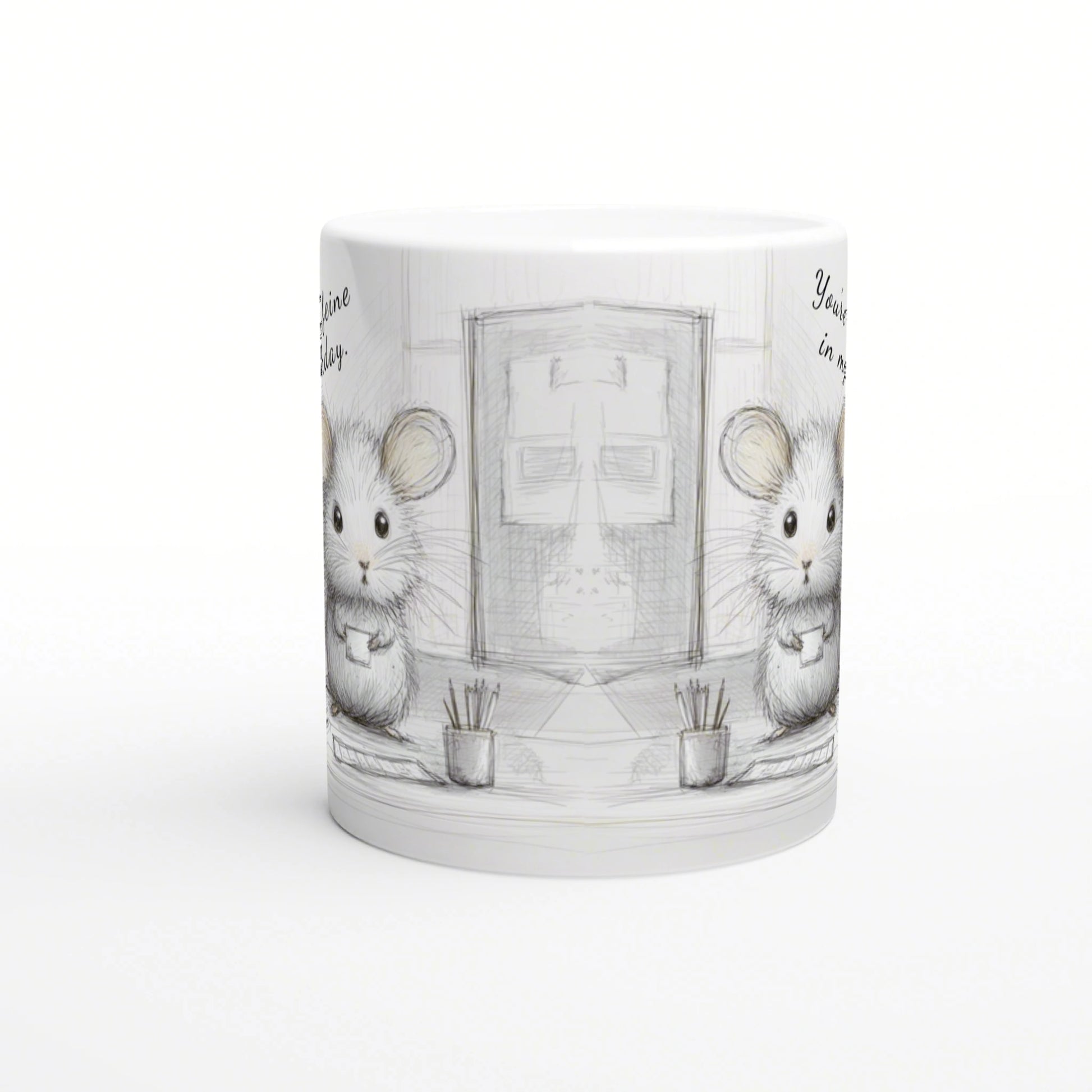 White ceramic mug with a pencil-drawn sketch of two cute mice beside a doorway in a simple room.