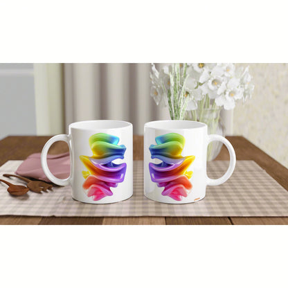 Two white ceramic mugs with a colorful rainbow swirl design on a wooden table; product mockup for an online shop.