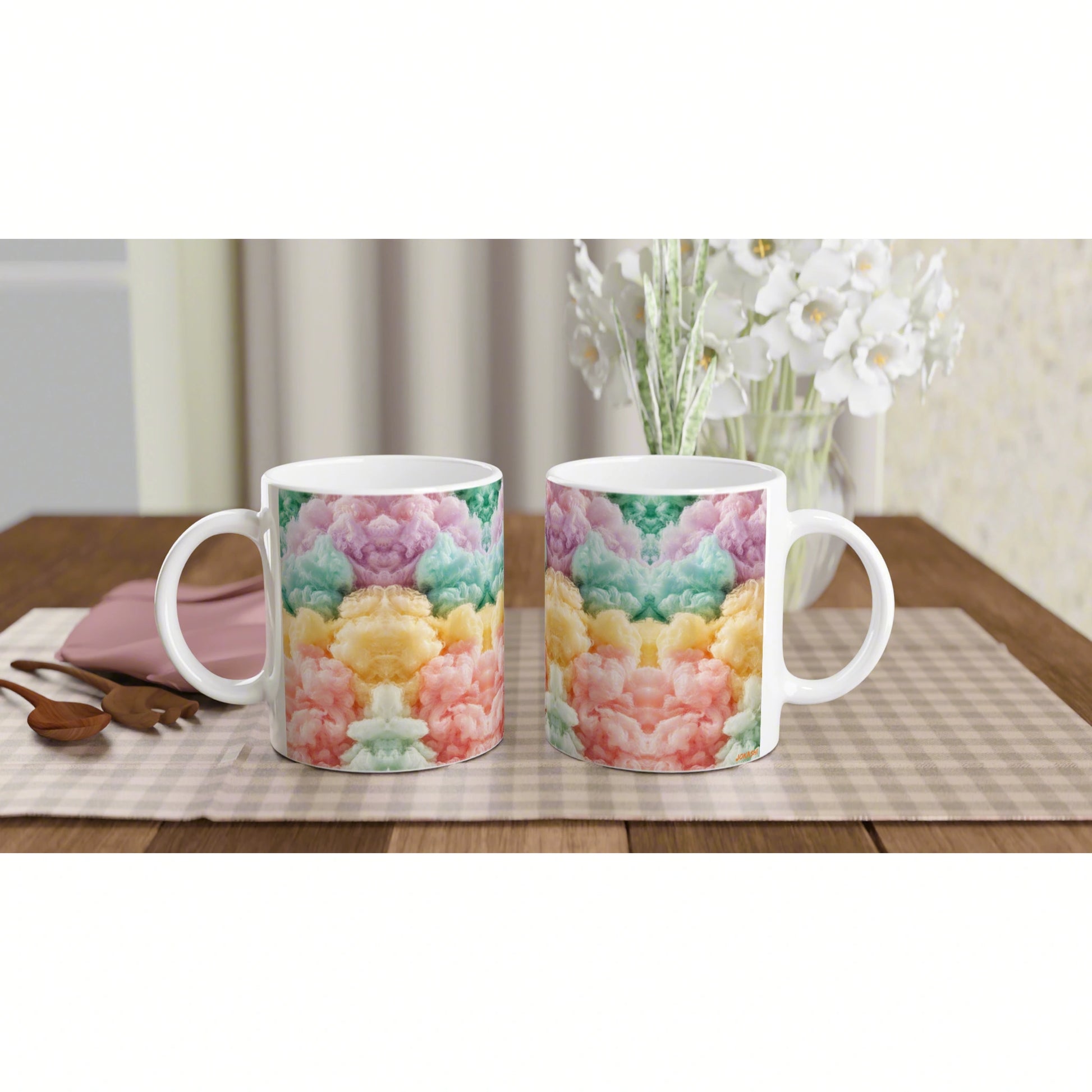 Product mockup: two white ceramic mugs with rainbow tie-dye patterns on a wooden table, with a checkered placemat and white flowers in the background.