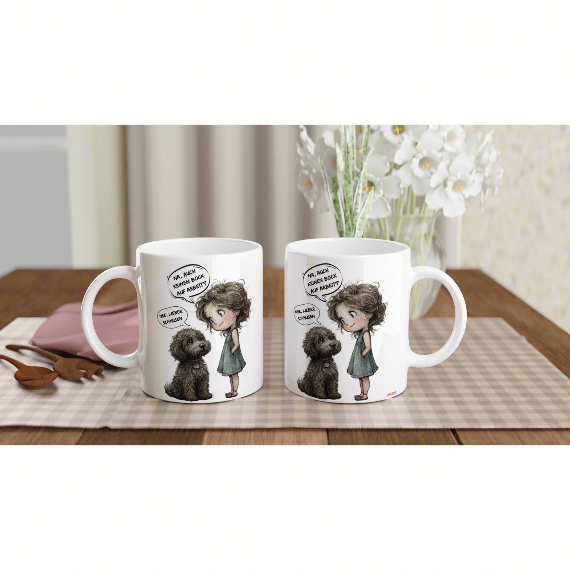 Two white mugs on a wooden table feature a cartoon girl with a dog and speech bubbles; product mockup for humorous cups.