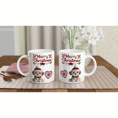 Two white mugs featuring a Christmas dog design with hearts on a plaid placemat, with blurred flowers in the background.