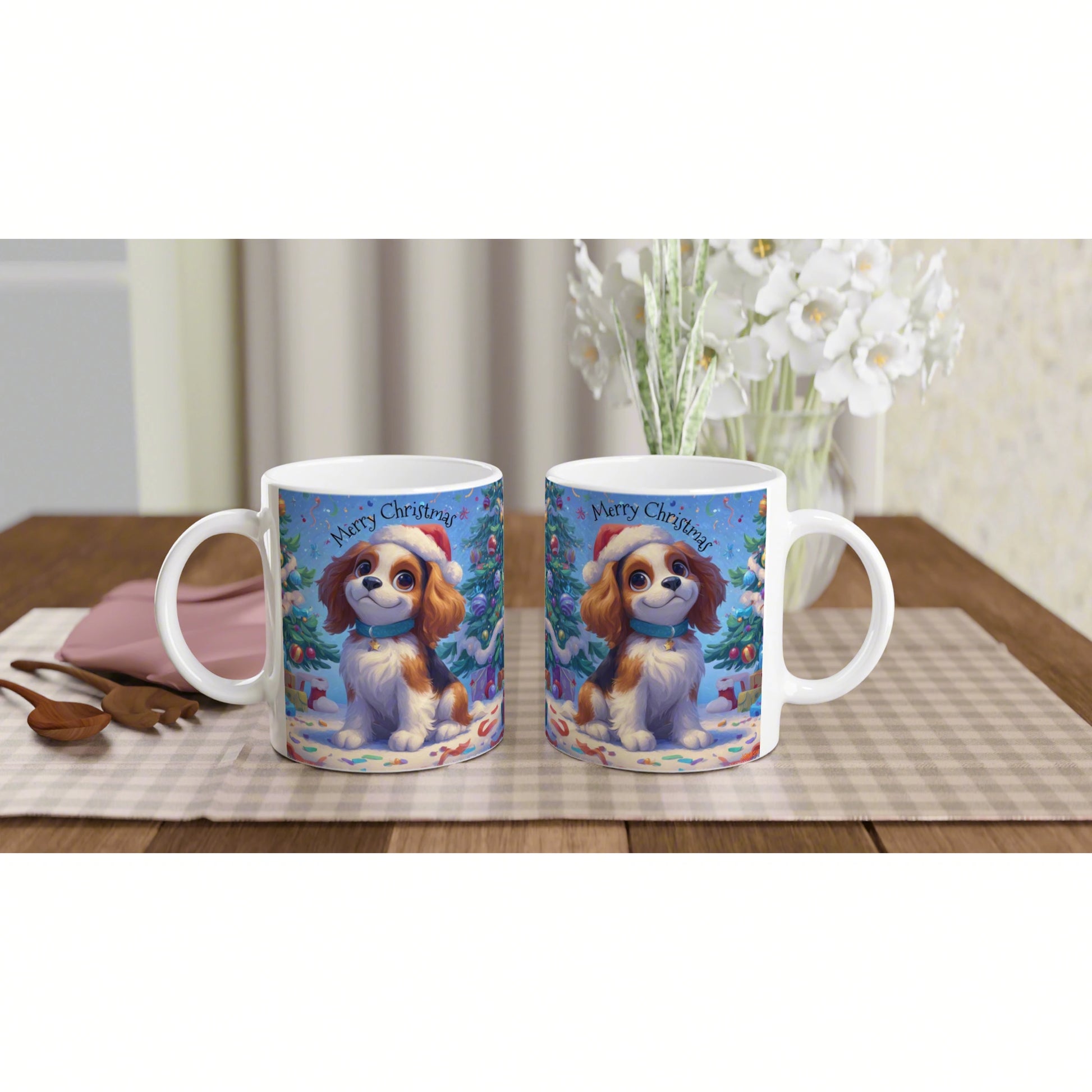 Two white mugs feature a festive Christmas dog illustration and 'Merry Christmas' text on a blue background.