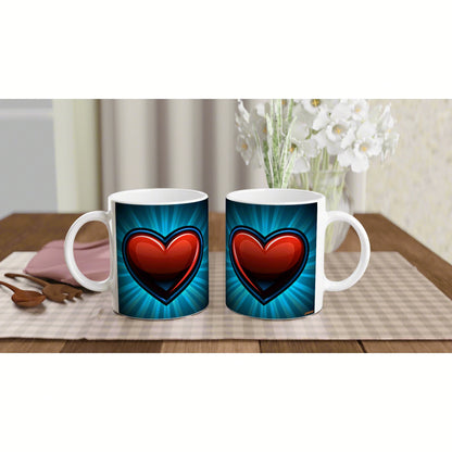 Two white mugs featuring a glossy red heart on a blue radial burst background; product mockup on a wooden table.